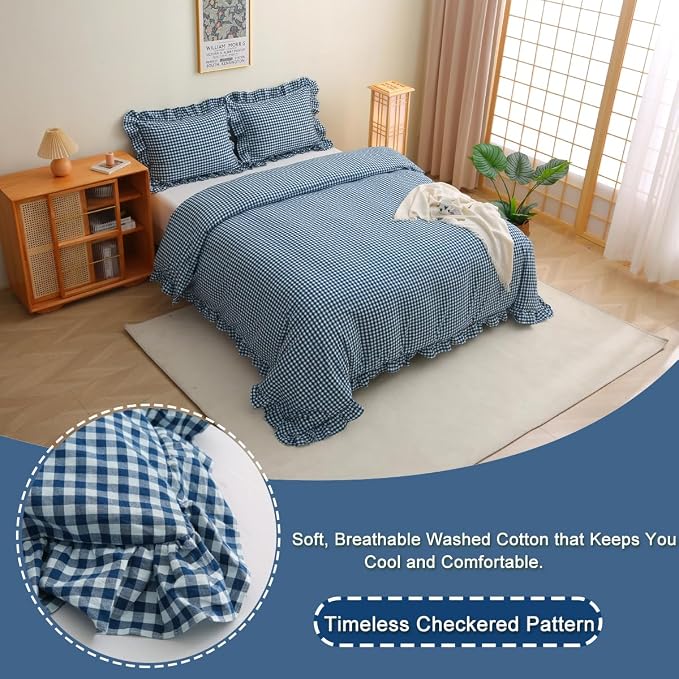 Silnuo Navy Blue/White Plaid Ruffle 3-Piece Duvet Cover Set Full Size, Washed - Image 3