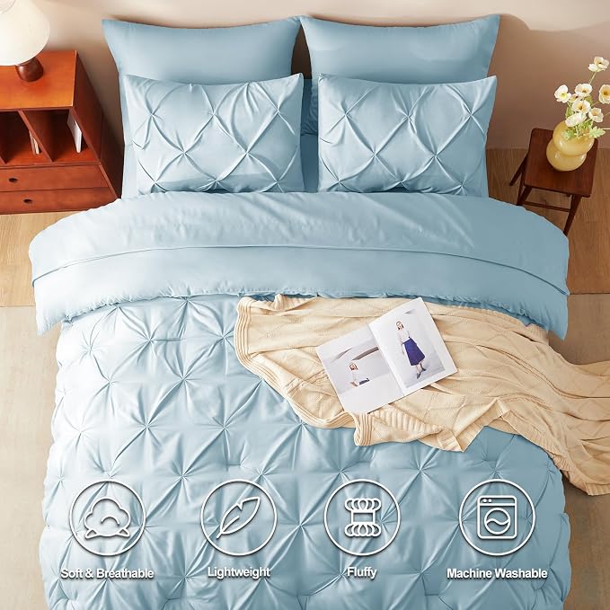 CozyLux Twin XL Comforter Set Light Blue, 5 Pieces Twin Extra Long Pintuck Bed - Image 2