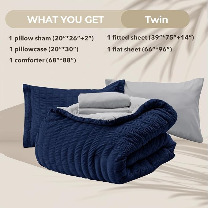 HYMOKEGE Navy Blue/Light Grey Twin Comforter Set Seersucker 5 Pieces, All - Image 5