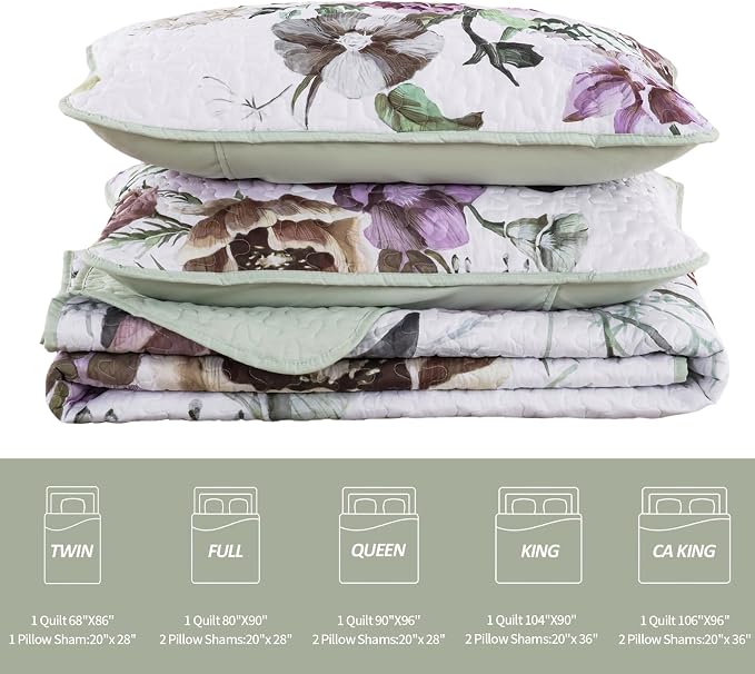 Floral Quilt Set Queen 3 Pieces Boho Green Quilt Coverlet Set Soft Microfiber - Image 7