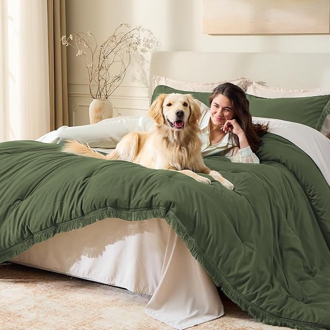 Andency Oversized King Size Comforter Set Olive Green 128x120, 3 Pieces Boho - Image 3