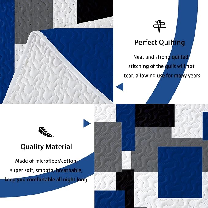 Tyrot 2 Piece Blue White Grey Quilt Set Twin Size Black White Geometric - Image 4