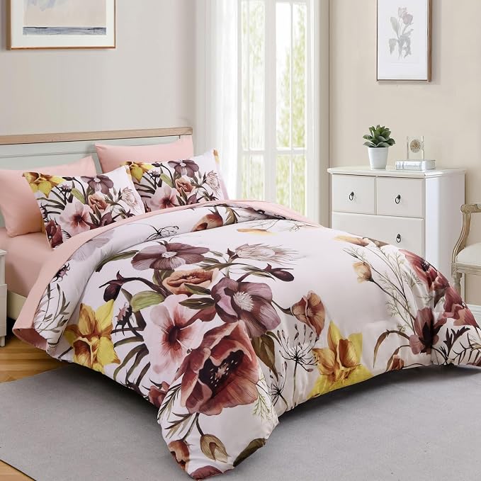 Luxudecor Floral Comforter Set Queen Size 7 Piece, Blush Flower Bed in a Bag - Image 2