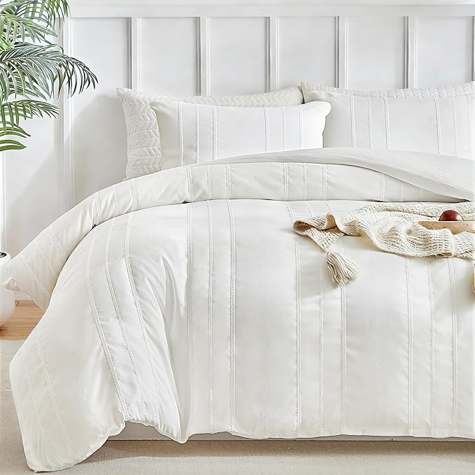 WARMDERN White Striped Weave Duvet Cover Queen, Boho Striped Pattern Printed by WARMDERN