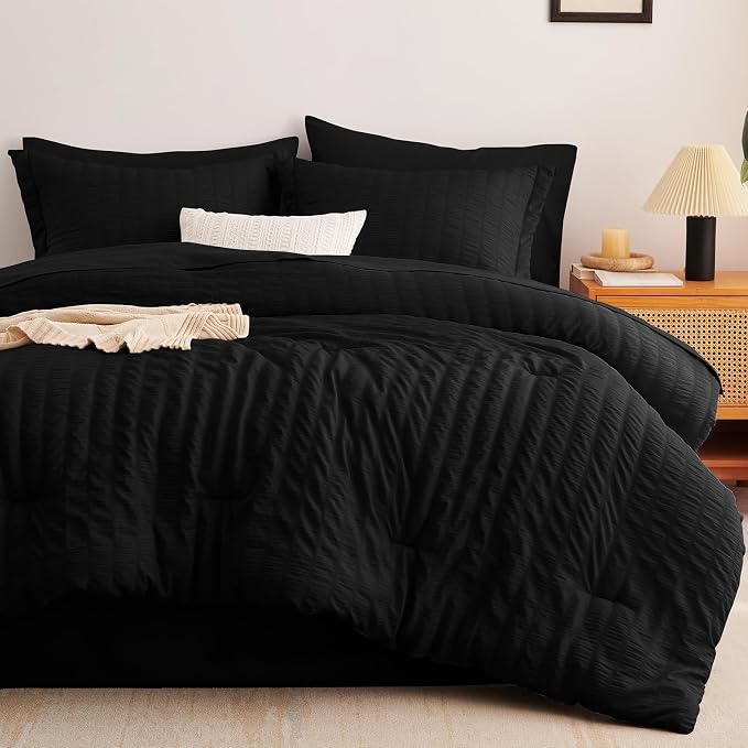 CozyLux Queen Comforter Set Black Seersucker 7 Pieces Bed in a Bag Queen - Image 9