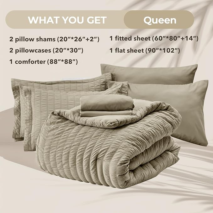 HYMOKEGE Linen Queen Comforter Set Seersucker 7 Pieces, All Season Luxury Bed - Image 6