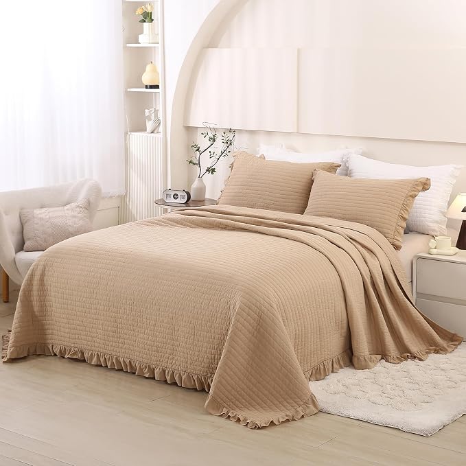 ROOMLIFE Quilt Set King Size 3D Floral Embroidery Pattern 3-Piece Cotton - Image 4