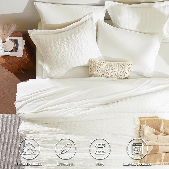 CozyLux Queen Comforter Set Ivory Seersucker 7 Pieces Bed in a Bag Queen - Image 2