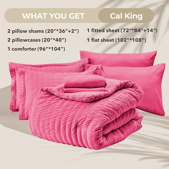 HYMOKEGE Hot Pink California King Comforter Set Seersucker 7 Pieces, All Season - Image 6