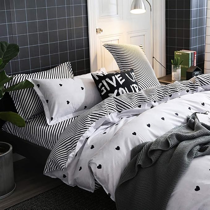 Omelas Kids Heart Love Twin Duvet Cover Set Black and White Teens Girls Lovely - Image 3