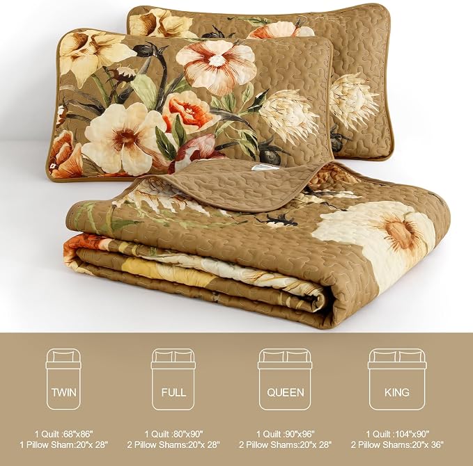 Drucon Brown Floral Quilt Set Queen Size 3 Pieces Brown Botanical Flower Quilt - Image 7