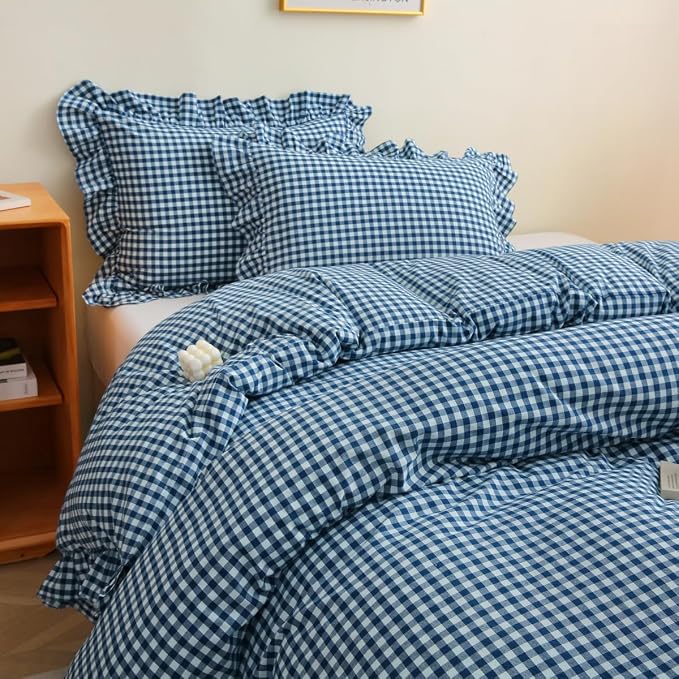 Silnuo Navy Blue/White Plaid Ruffle 3-Piece Duvet Cover Set Full Size, Washed - Image 7