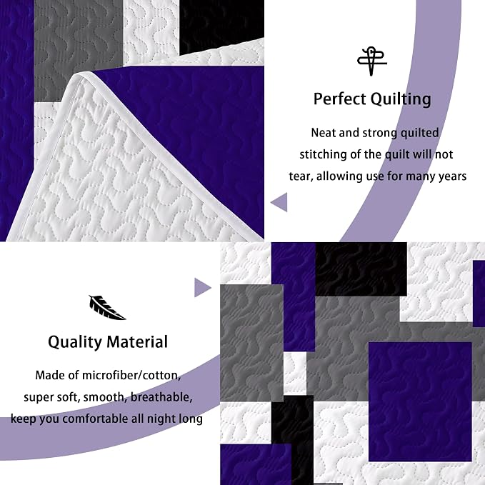 Tyrot 3 Piece Dark Purple Grey Quilt Set King Size Black White Geometric - Image 4