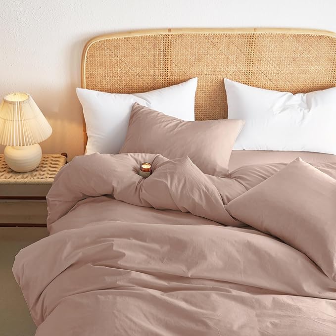 Wake In Cloud - Cotton Duvet Cover Set, King Size, Dusty Rose Pink, 100% Washed - Image 4
