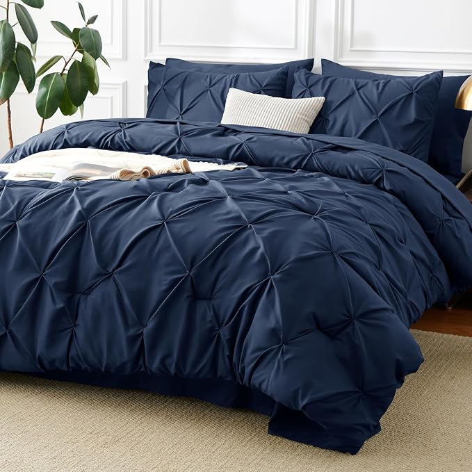 CozyLux King Size Comforter Set Navy Blue, Pintuck Bed in A Bag 7 Pieces by CozyLux