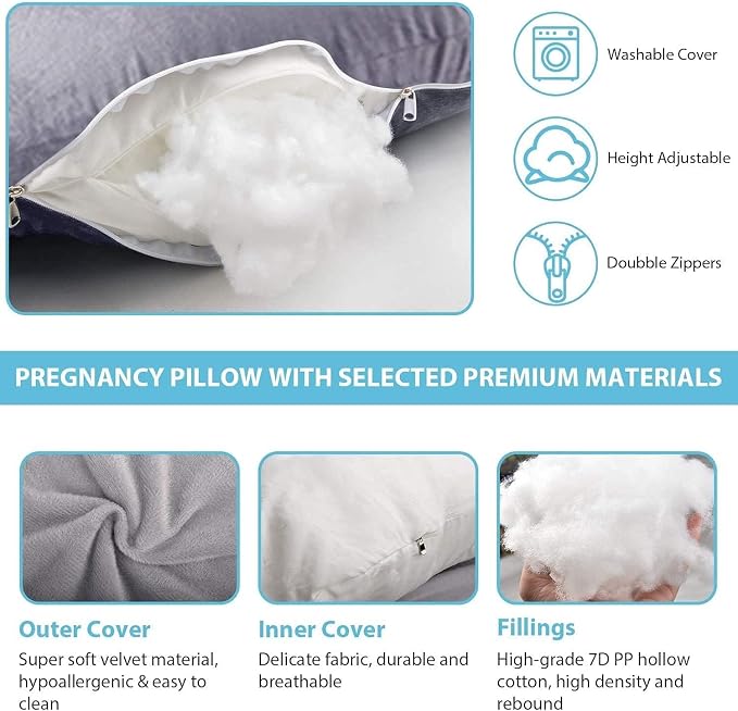 Jcickt Pregnancy Pillow J-Shaped Full Body Pillow, 59 inch Cool Fabric Easy to - Image 5