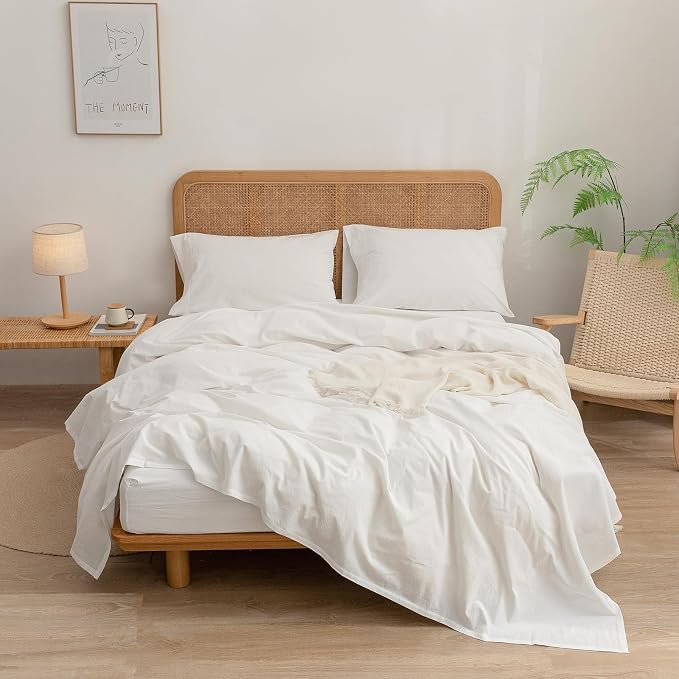 BESTOUCH Flat Sheet Only 100% Washed Cotton Linen Feel Wrinkle-Free, - Image 2