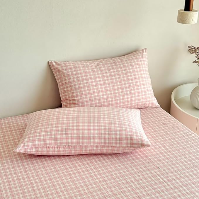 PinkMemory Pink Plaid Duvet Cover Set King 100% Washed Cotton Cute Pink Checked - Image 5