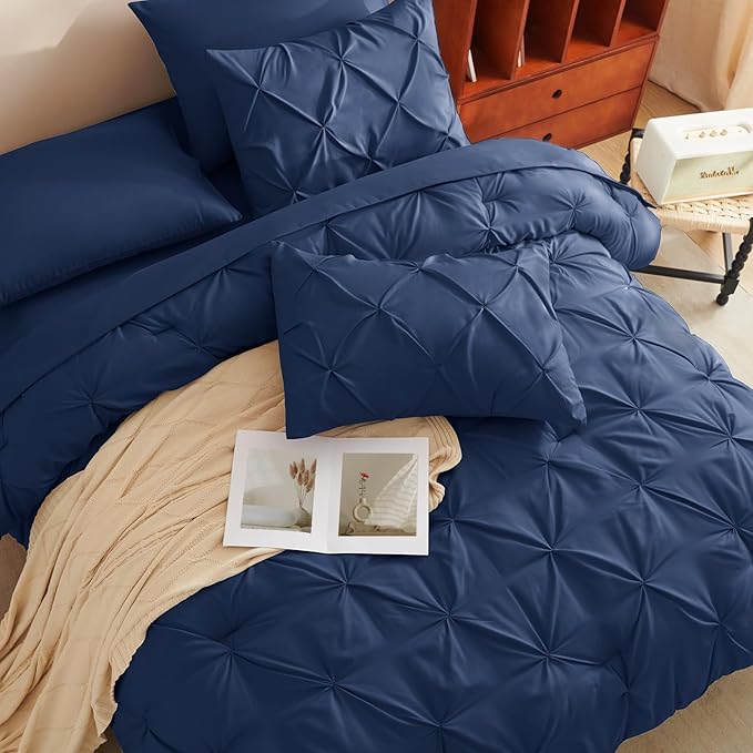 HIMEET Pintuck Bed in a Bag, 5 Pieces Twin XL Comforter Set Navy Blue, Extra - Image 4