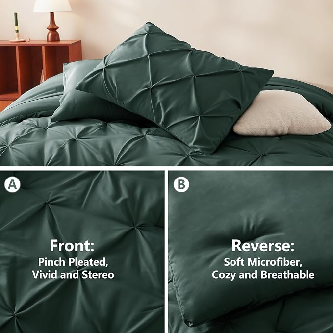 CozyLux Queen Comforter Set Forest Green, 7 Pieces Pintuck Bed in A Bag - Image 3