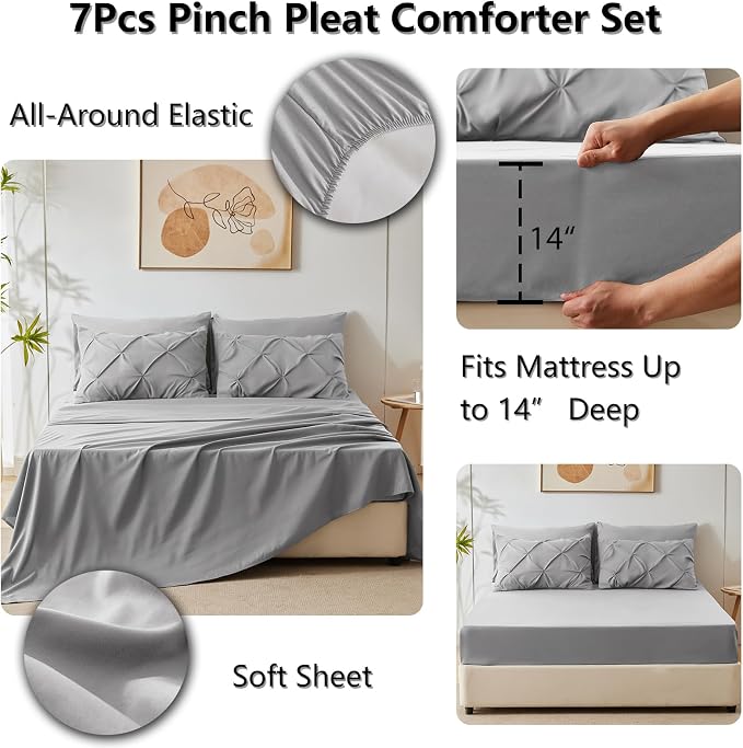 HIMEET Pintuck Bed in a Bag, 7 Pieces Queen Size Comforter Set Light Grey - Image 6