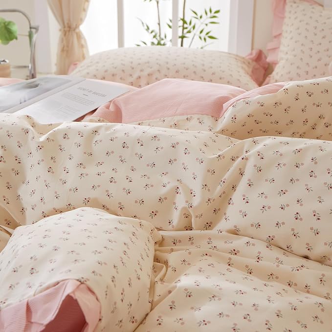 mixinni Pink Floral Duvet Cover Set Queen Size – 100% Cotton Ruffle Lace Bedding - Image 8