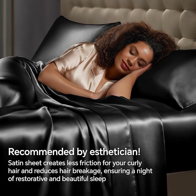 BEDELITE Satin Sheets Full Size Bed Set, Luxury Soft Black Silky Sheets - Image 4