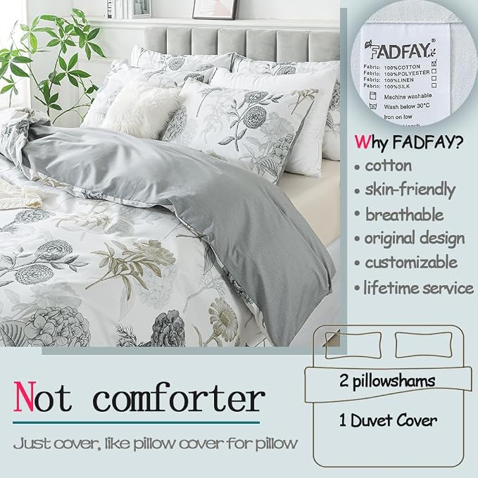 FADFAY Floral Duvet Cover Sets King/Cal King 100% Cotton Ink Grey Vintage - Image 2