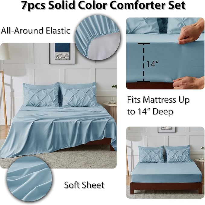 CozyLux Full Size Comforter Sets Light Blue, 7 Pieces Pintuck Bed in A Bag Blue - Image 6