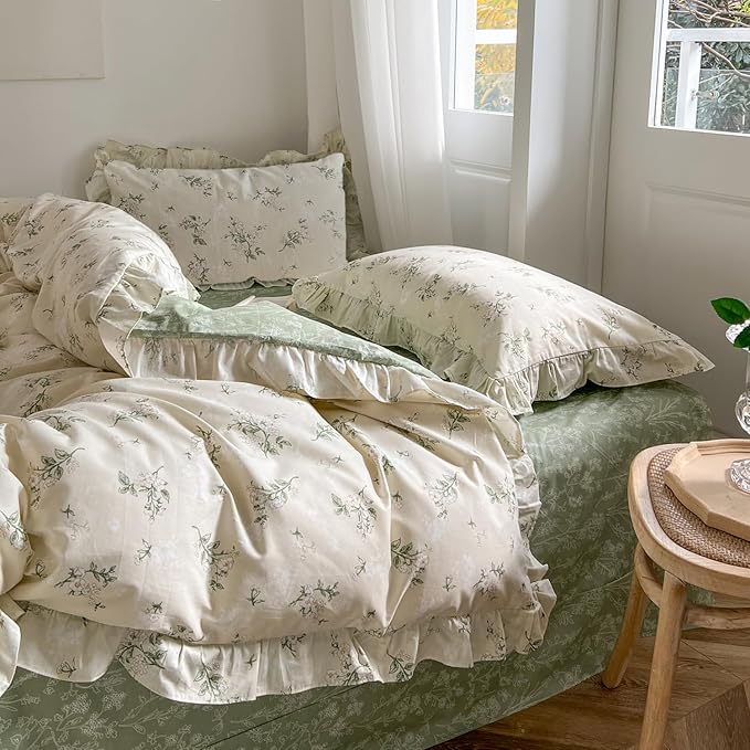 mixinni Reversible Sage Green Floral Duvet Cover Set King Size - Image 4