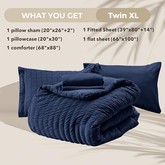HYMOKEGE Navy Blue Twin XL Comforter Set Seersucker 5 Pieces, All Season Luxury - Image 5