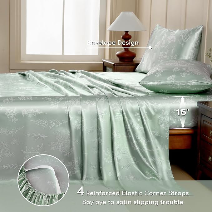MR&HM Satin Bed Sheets with Elastic Corner Straps, Queen Size Sheets Set - Image 5