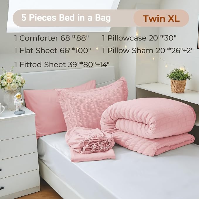 MUXHOMO 5 Pieces Twin XL Comforter Set, Seersucker Bed in a Bag Twin XL Size - Image 4