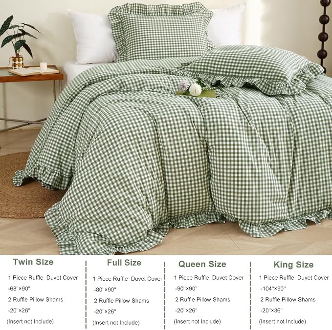 Silnuo Sage Green/White Plaid Ruffle Duvet Cover Twin Size, 100% Washed Cotton - Image 4