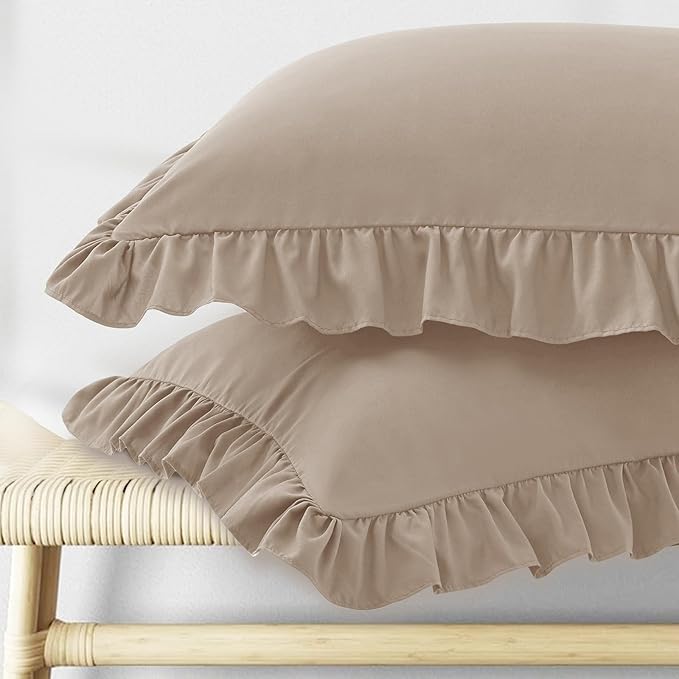 KKJIAF Ruffle Pillow Cases Queen Size Set of 2, Khaki Ruffled Pillow Covers by KKJIAF