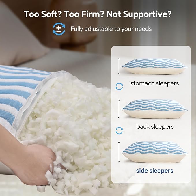 SLEEPDIARY Queen Pillow 1 Pack – Adjustable Shredded Memory Foam Cooling Bed - Image 7