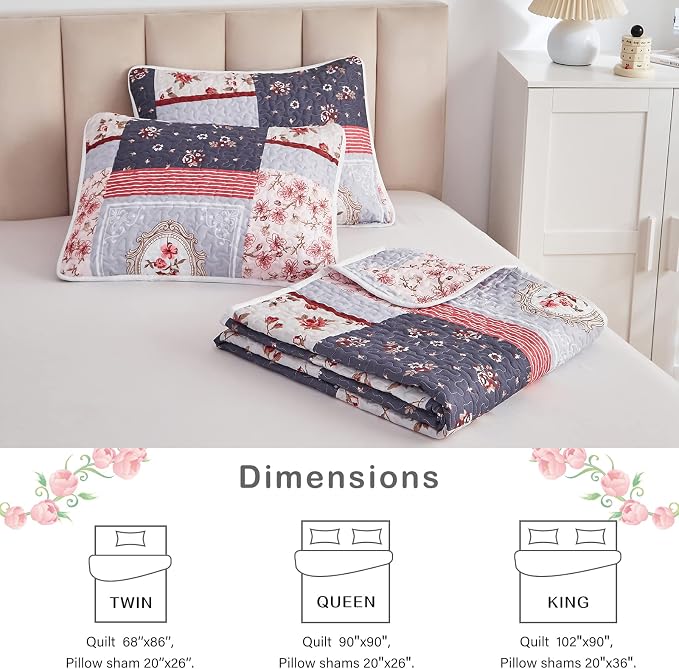 Patchwork Quilt Set King Size, 3 Pieces Pink Purple Floral Plaid Summer - Image 7
