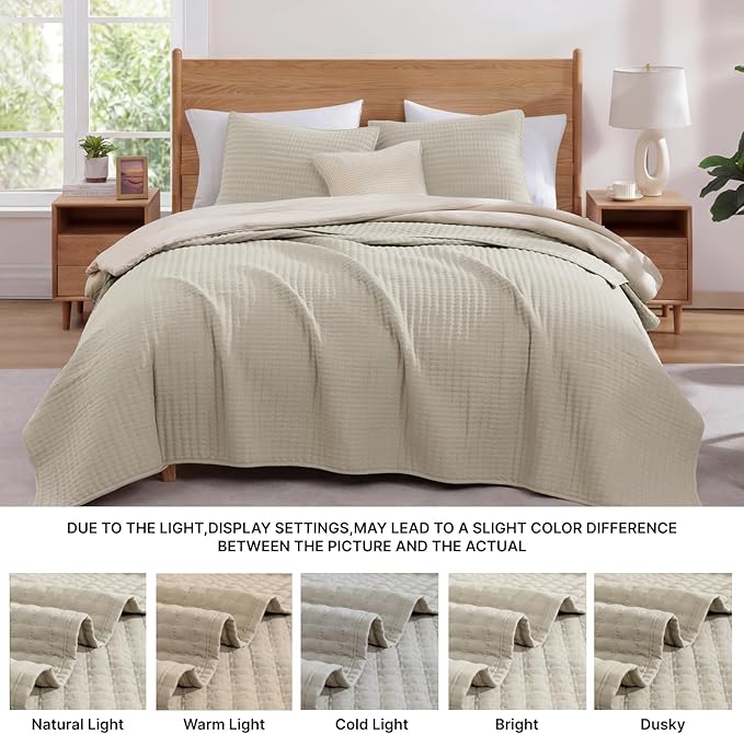 WRENSONGE Queen Quilt-3 Pieces Lightweight Bedspreads Light Oatmeal Queen Size - Image 7