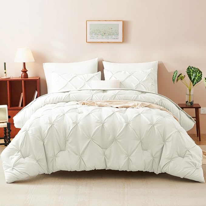 HIMEET Pintuck Bed in a Bag, 7 Pieces Queen Size Comforter Set Ivory, Luxury - Image 9