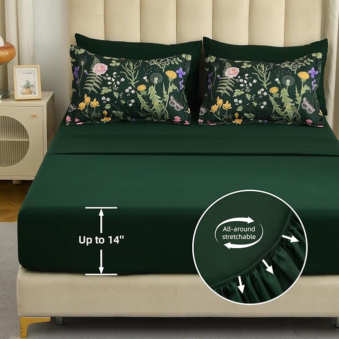 Yiran Queen Comforter Set 7 Piece, Dark Green Floral Bedding Set, Bed in a Bag - Image 6