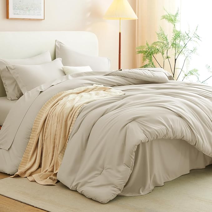 CozyLux Queen Comforter Set Oatmeal, 7 Pieces Bed in a Bag Queen Comforter Set - Image 9
