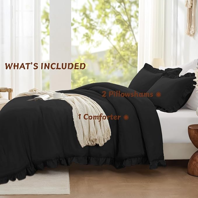 FUANNA Queen Comforter Set Black, 3 Pieces Ruffle Queen Bed Set, Fluffy Bed in - Image 5