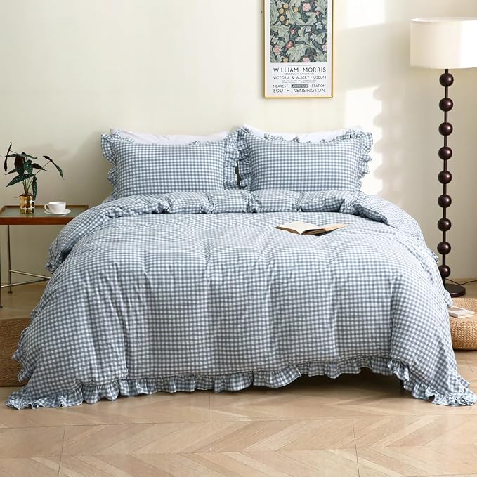 Silnuo Light Blue/White Plaid Ruffle Duvet Cover Set Twin Size, 100% Washed by Silnuo