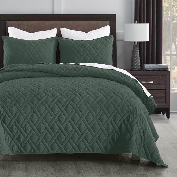 HORIMOTE HOME Quilt Set Queen Size Dark Green, Classic Geometric Diamond by HORIMOTEHOME