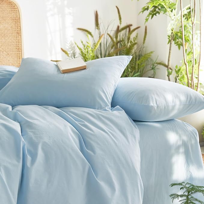 Wake In Cloud - Cotton Duvet Cover Set, Queen Size, Sky Blue, 100% Washed Cotton - Image 6
