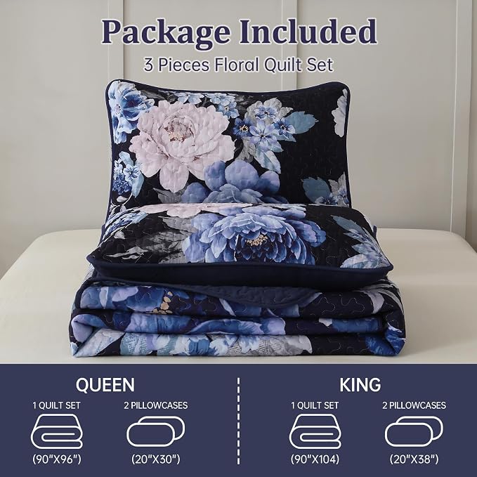 WONGS BEDDING Navy Boho Floral Quilt Set Queen, Elegant Blue Flower Bedspread - Image 8