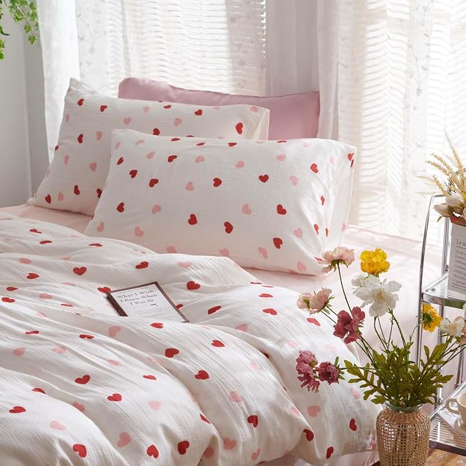 Nayoroom Heart Duvet Cover Set Queen Size Red Pink Hearts Printed on White - Image 3