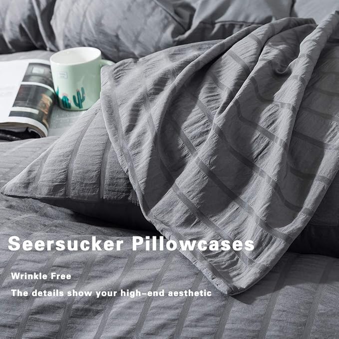 AveLom Seersucker Duvet Cover Set King Size, 3 Pieces, Dark Gray Ultra Soft - Image 5