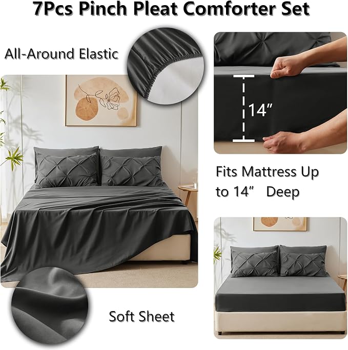 HIMEET Pintuck Bed in a Bag, 7 Pieces Queen Size Comforter Set Dark Grey - Image 6