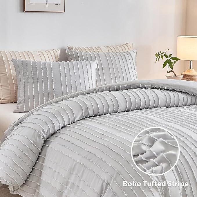 WARMDERN Light Grey Striped Duvet Cover Set, Boho Textured Tufted Bedding - Image 2